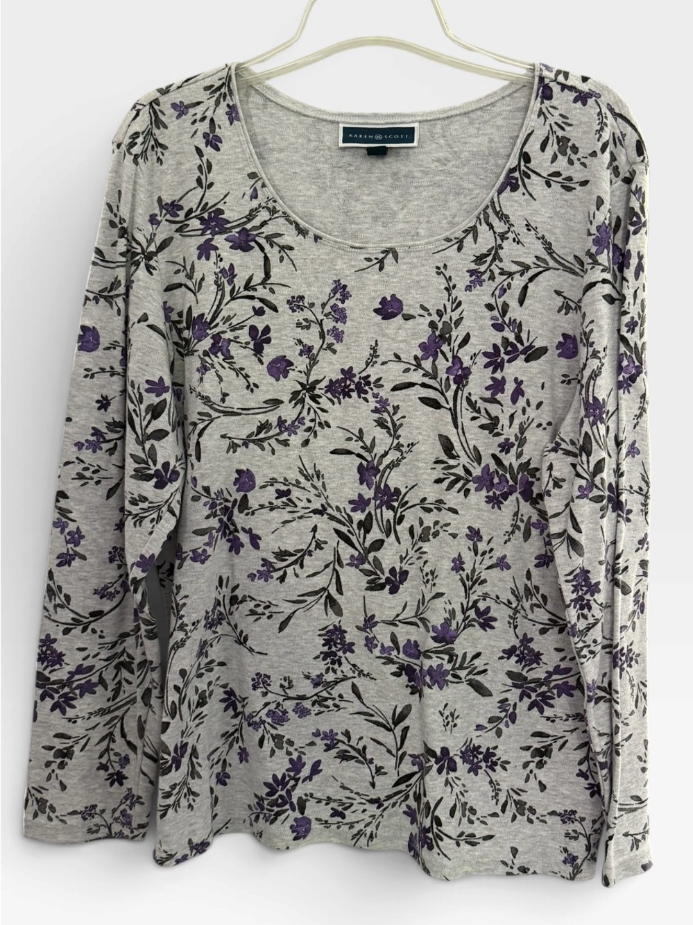 Karen Scott Woman’s Lt Gray Long-Sleeve Tee W/Purple Floral Print - XL - PTP 23”